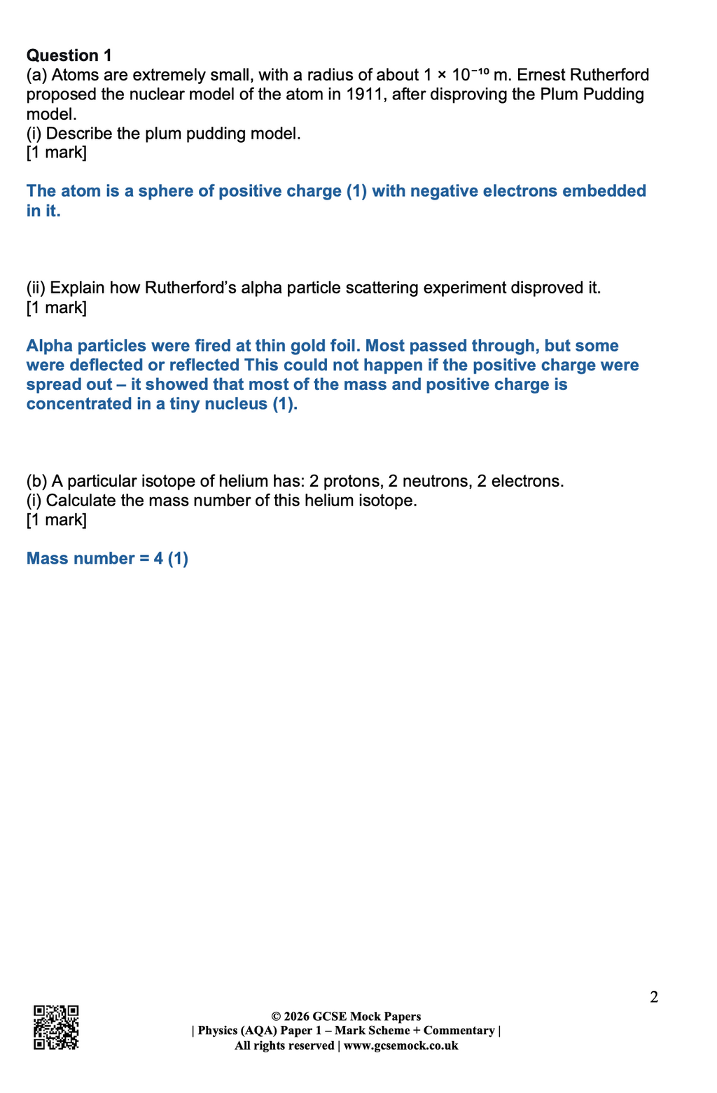 A professional sample page from the 2026 GCSE Physics (AQA) Paper 1 mark scheme. The image displays model answers for questions on the plum pudding model, Rutherford's alpha particle scattering experiment, and isotope mass number calculations. The document includes the official gcsemock.co.uk branding and QR code.